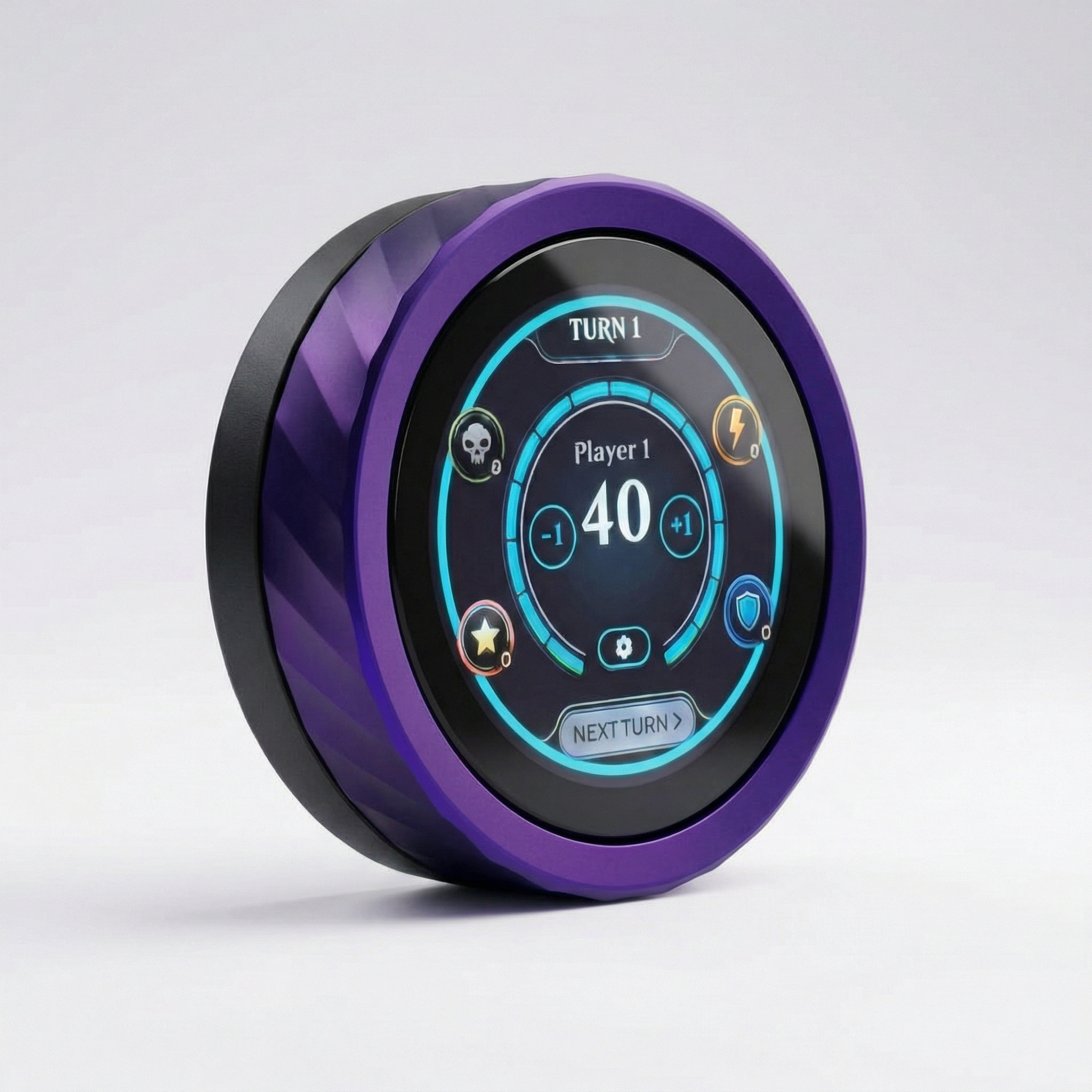 Round digital Magic the Gathering Life Tracker device with a purple border on a light gray background