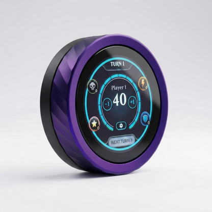 Round digital Magic the Gathering Life Tracker device with a purple border on a light gray background