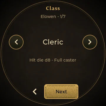 New character Class step: Cleric, hit die d8, full caster
