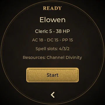 Ready screen summarising HP, AC, DC and spell slots