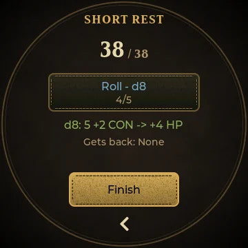 Short rest page: roll d8, 4 of 5 hit dice left, +4 HP