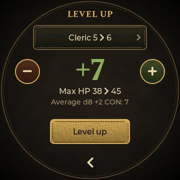 Level up: Cleric 5 to 6, +7 HP, max HP 38 to 45