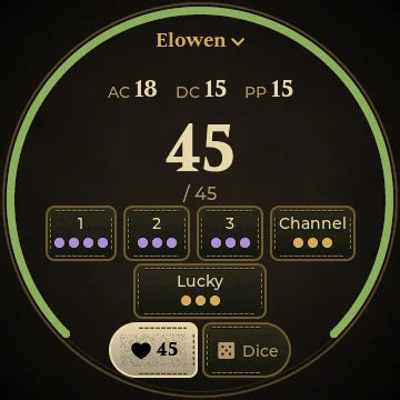 Character page: 45 of 45 HP, AC 18, DC 15, PP 15, spell slot tiles and a Lucky tile