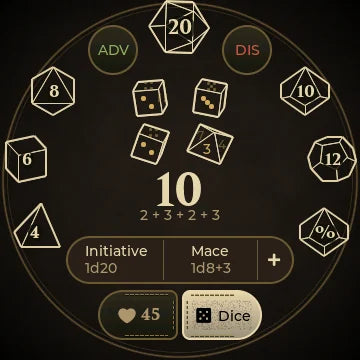 Dice page showing 3d6 + 1d8 totalling 10