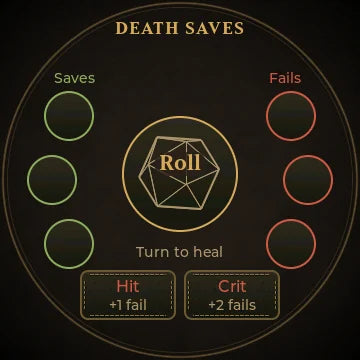 Death Saves page with a d20 Roll button and Hit and Crit buttons