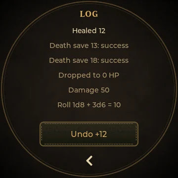 Log page listing Healed 12, death saves, Damage 50 and a roll