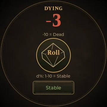 Dying page at −3 HP with a d% Roll button and a Stable button