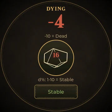 Dying page after rolling 16 on the d%, now at −4 HP