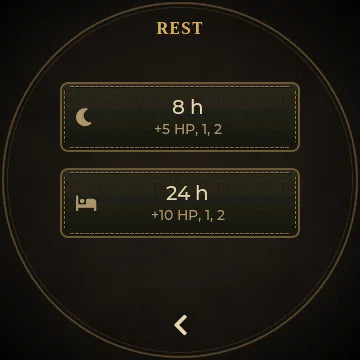 3.5 Rest page with 8 h (+5 HP) and 24 h (+10 HP) buttons
