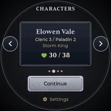 Characters screen showing Elowen Vale, Cleric 3 / Paladin 2, campaign Storm King, 30 of 38 HP