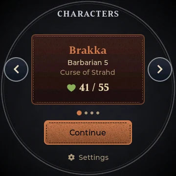 Home card for Brakka, Barbarian 5, Curse of Strahd, in red leather